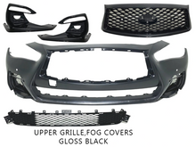 Load image into Gallery viewer, 2018 2019 2020 2021 2022 2023 2024 Infiniti Q50 Q50s Sports Front Bumper Upper Grille With Sensor Holes & Camera Option Lower Grille Fog Cover Complete Gloss Black