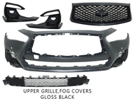 2018 2019 2020 2021 2022 2023 2024 Infiniti Q50 Q50s Sports Front Bumper Upper Grille With Sensor Holes & Camera Option Lower Grille Fog Cover Complete Gloss Black