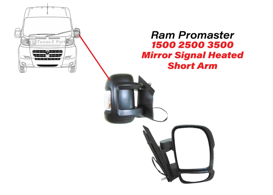 2014-2026 Ram Promaster Right Passenger Front Door Power Side Rear View Mirror Signal Heated Short Arm - Texas-e-parts