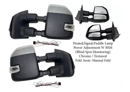 2017-2022 Ford F-250 F-350 Super Duty Left Right Front Door Side Rear View Mirror Heated Signal Puddle Light Power Adjustment With BSM (Blind Spot Monitoring) Chrome / Textured Driver & Passenger Set - Texas-e-parts