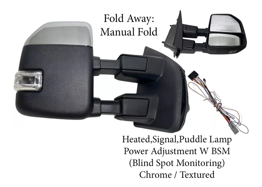 2017-2022 Ford F-250 F-350 Super Duty Right Front Door Side Rear View Mirror Heated Signal Puddle Light Power Adjustment With BSM (Blind Spot Monitoring) Chrome Textured Passenger - Texas-e-parts