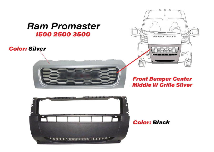 2019-2022 Ram ProMaster 1500 2500 3500 Front Bumper Center Middle Cover & Upper Grille - Texas-e-parts