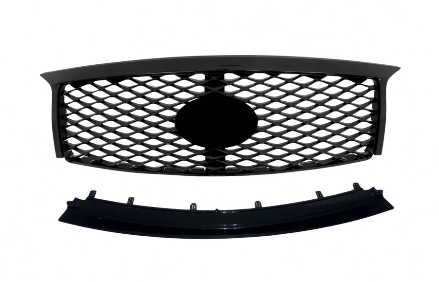 2015-2017 Infiniti QX80 Front Bumper Upper Grille With Camera Option & Lower Molding Trim Gloss Black