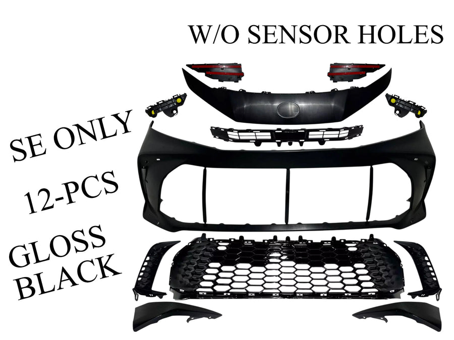 2025 Toyota Camry SE Front Bumper Cover Without Sensor Holes With Upper Lower Grille Side Molding Trim Brackets Gloss Black Set - Texas-e-parts