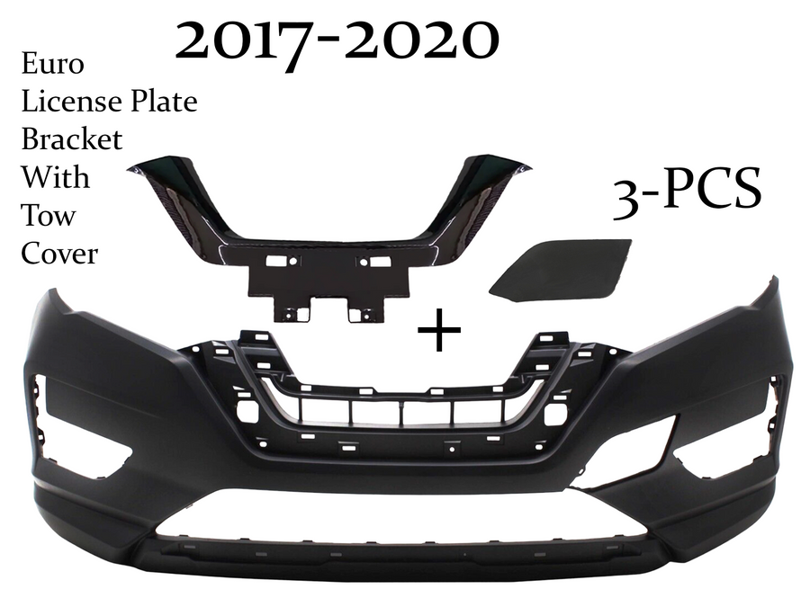 2017 2018 2019 2020 Nissan Rogue Front Bumper Cover With Euro License Plate Bracket & Tow Cap Cover - Texas-e-parts