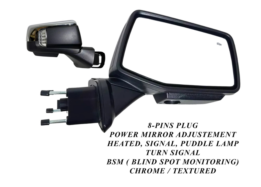 2019-2024 Chevrolet Silverado Right Passenger Front Door Power Side Rear View Mirror Heated Turn Signal Puddle Lamp Power Mirror Adjustment With BSM ( Blind Spot Monitoring ) 10-Pins Plug Chrome Textured - Texas-e-parts