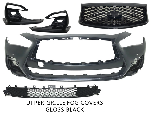 2018-2024 Infiniti Q50 Q50s Sports Front Bumper Upper Grille With Sensor Holes & Camera Option Lower Grille Fog Cover Complete Gloss Black - Texas-e-parts