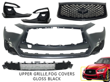 Load image into Gallery viewer, 2018 2019 2020 2021 2022 2023 2024 Infiniti Q50 Q50s Sports Front Bumper Upper Grille With Sensor Holes &amp; Camera Option Lower Grille Fog Cover Complete Gloss Black