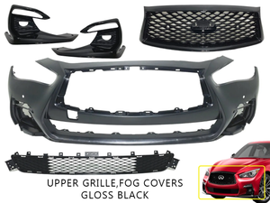 2018 2019 2020 2021 2022 2023 2024 Infiniti Q50 Q50s Sports Front Bumper Upper Grille With Sensor Holes & Camera Option Lower Grille Fog Cover Complete Gloss Black
