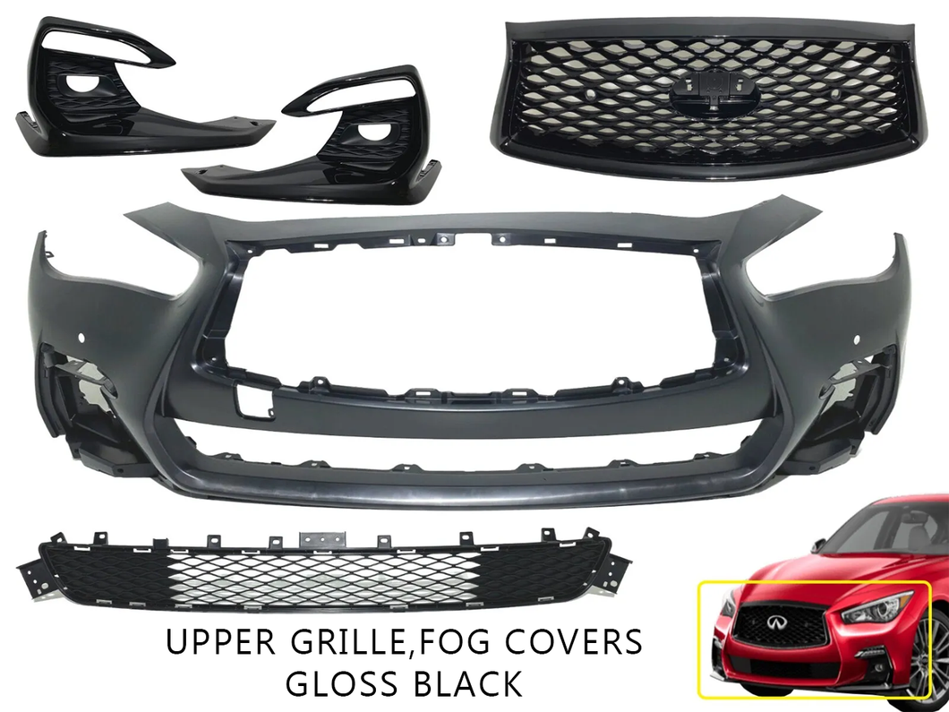 2018 2019 2020 2021 2022 2023 2024 Infiniti Q50 Q50s Sports Front Bumper Upper Grille With Sensor Holes & Camera Option Lower Grille Fog Cover Complete Gloss Black