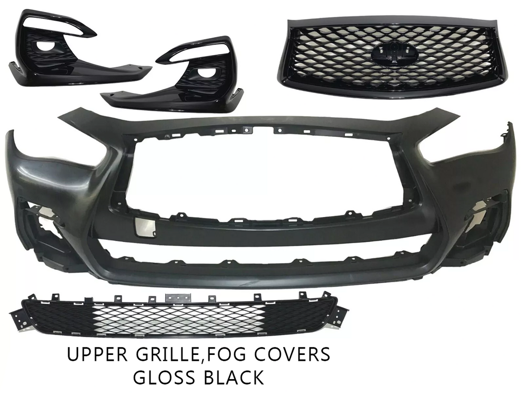 2018 2019 2020 2021 2022 2023 2024 Infiniti Q50 Q50s Sports Front Bumper Cover Upper Grille With Camera Option Lower Grille & Fog Light Cover Gloss Black