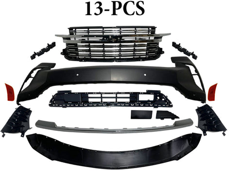 2021-2024 Chevrolet Suburban Tahoe Premier Front Bumper Cover With Upper Lower Grille Air Vents Side Reflector Bumper Bracket Chrome Molding Trim 13-PCS - Texas-e-parts