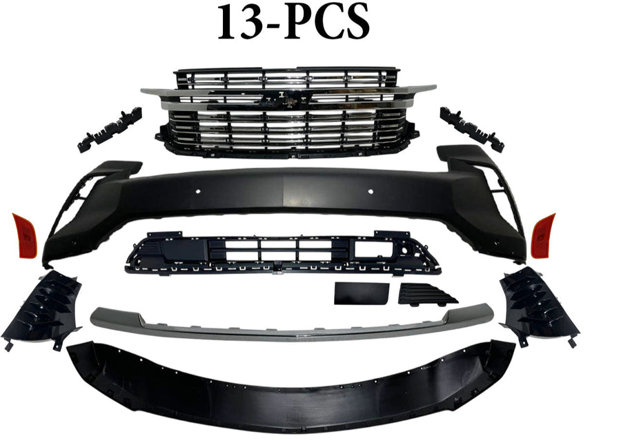 2021-2024 Chevrolet Suburban Tahoe Premier Front Bumper Cover With Upper Lower Grille Air Vents Side Reflector Bumper Bracket Chrome Molding Trim 13-PCS - Texas-e-parts