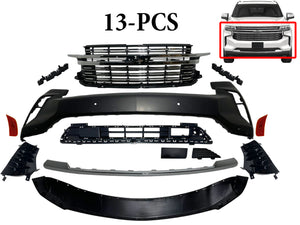 2021 2022 2023 2024 Chevrolet Suburban Tahoe Premier Front Bumper Cover With Upper Lower Grille Air Vents Side Reflector Bumper Bracket Chrome Molding Trim 13-PCS