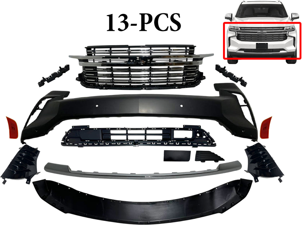 2021 2022 2023 2024 Chevrolet Suburban Tahoe Premier Front Bumper Cover With Upper Lower Grille Air Vents Side Reflector Bumper Bracket Chrome Molding Trim 13-PCS