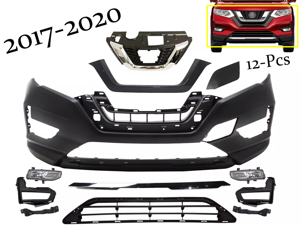 2017 2018 2019 2020 Nissan Rogue Front Bumper Upper Lower Grille Fog Light Lamp Tow Cap Cover Chrome Molding Trim