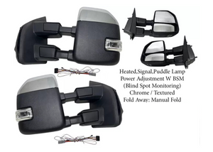2017 2018 2019 2020 2021 2022 Ford F-250 F-350 Super Duty Left Right Front Door Side Rear View Mirror Heated Signal Puddle Light Power Adjustment With BSM (Blind Spot Monitoring) Chrome / Textured Driver & Passenger Set