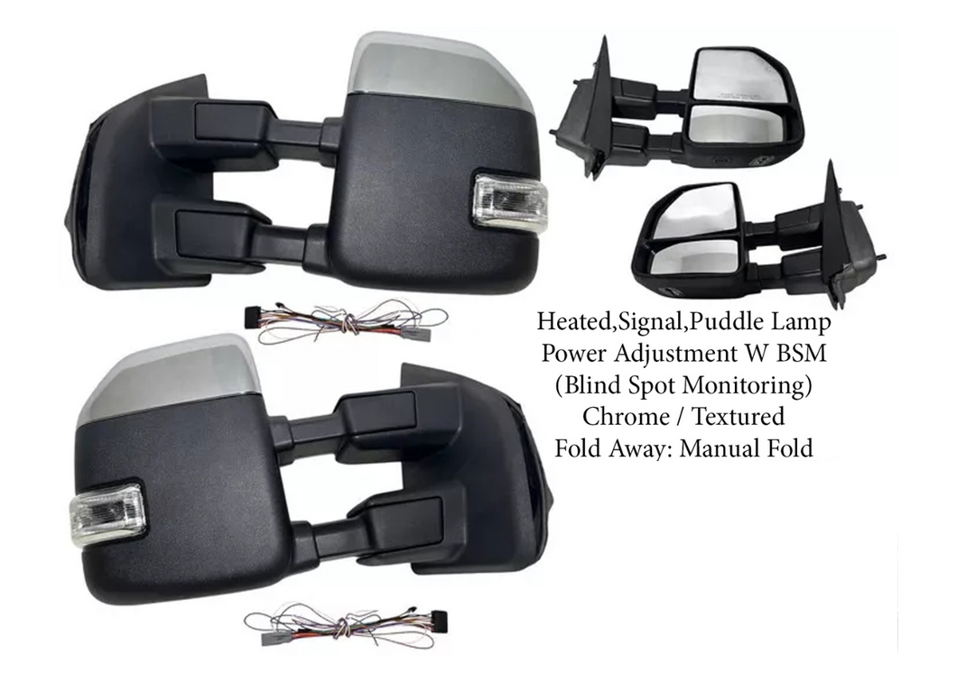 2017 2018 2019 2020 2021 2022 Ford F-250 F-350 Super Duty Left Right Front Door Side Rear View Mirror Heated Signal Puddle Light Power Adjustment With BSM (Blind Spot Monitoring) Chrome / Textured Driver & Passenger Set