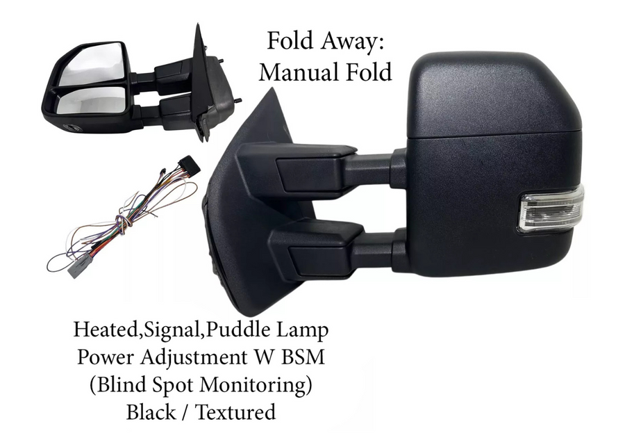 2017-2022 Ford F-250 F-350 Super Duty Left Front Door Side Rear View Mirror Heated Signal Puddle Light Power Adjustment With BSM (Blind Spot Monitoring) Black Textured Driver - Texas-e-parts