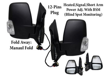 Load image into Gallery viewer, 2020 2021 2022 2023 2024 Ford Transit 150 250 350 350HD Left Right Front Door Power Side Rear View Mirror Heated Signal Power Adjustment With BSM ( Blind Spot Monitoring ) Short Arm Manual Fold Driver Passenger