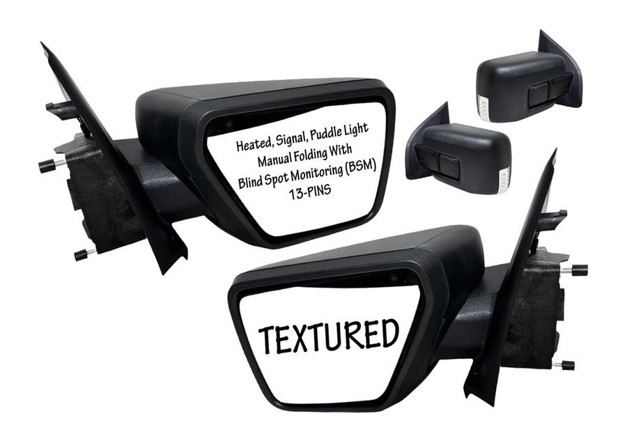 2021-2023 Ford F-150 Front Door Left Right Side Rear View Mirror Heated Signal Puddle Light Manual Folding With BSM (Blind Spot Monitoring) - Texas-e-parts