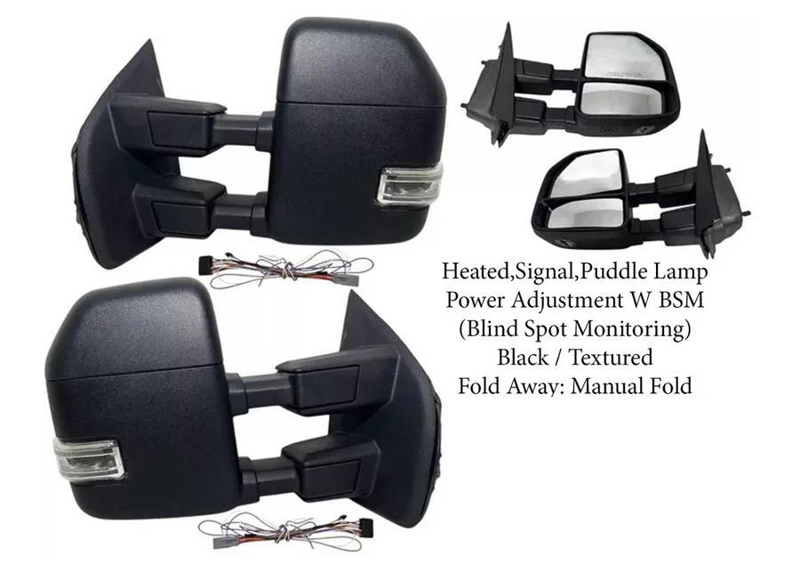 2017-2022 Ford F-250 F-350 Super Duty Left Right Front Door Side Rear View Mirror Heated Signal Puddle Light Power Adjustment With BSM (Blind Spot Monitoring) Black / Textured Driver & Passenger Set - Texas-e-parts