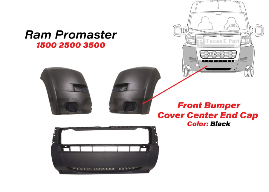 2019-2022 Ram Promaster Front Bumper Right Left Center 1500 2500 3500 Black - Texas-e-parts