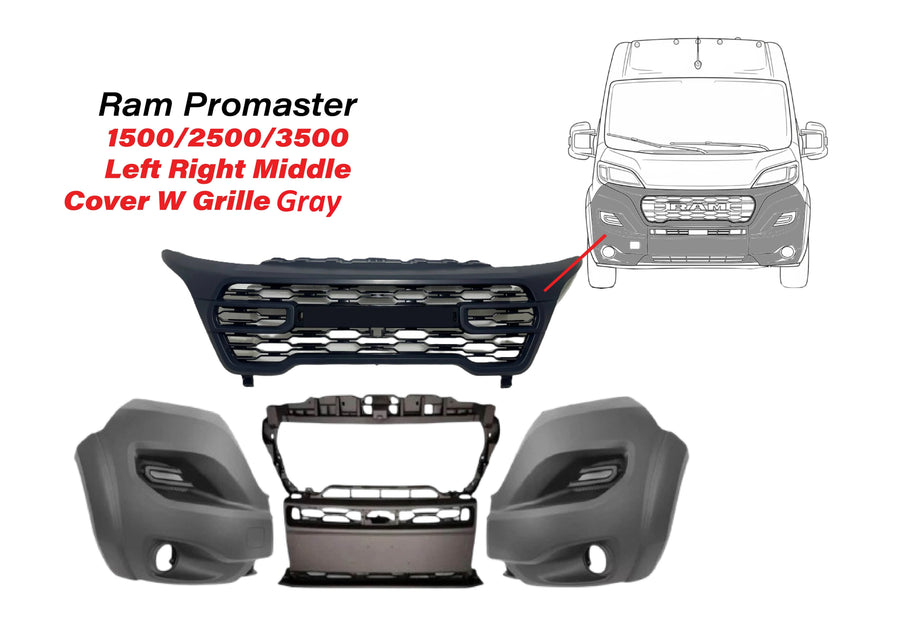 2023-2025 Ram Promaster 1500 2500 3500 Front Bumper Left Right Middle Cover With Upper Grille Gray - Texas-e-parts