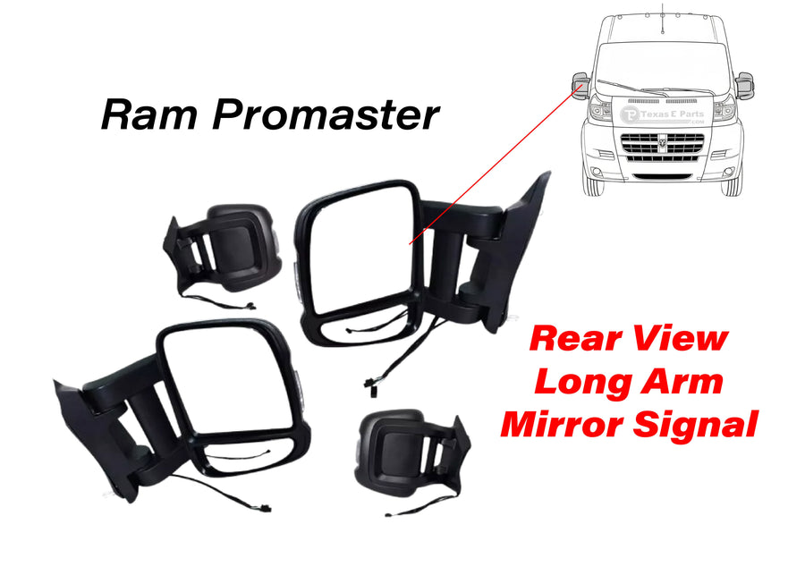 2014-2026 Ram Promaster Front Door Left Driver Right Passenger Power Side Rear View Mirror Long Arm Signal Heated Power Mirror Manual Fold Set - Texas-e-parts