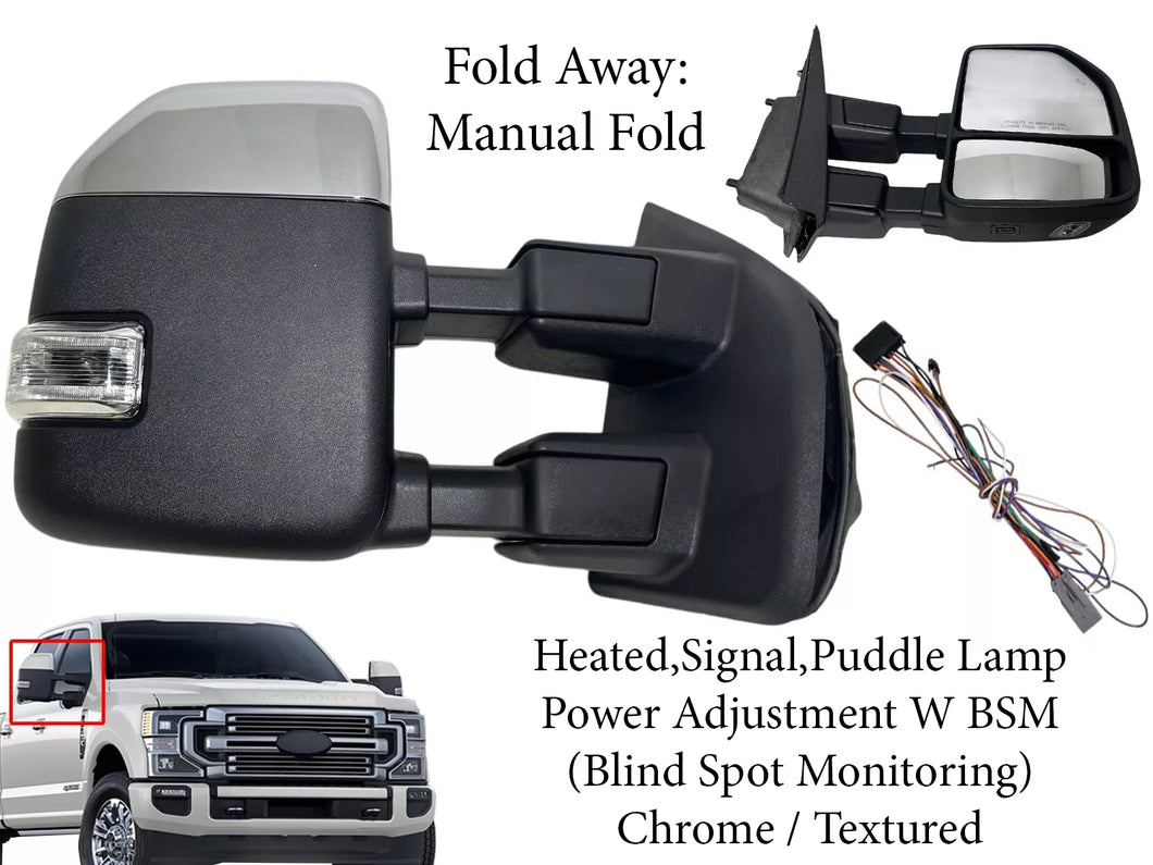 2017 2018 2019 2020 2021 2022 Ford F-250 F-350 Super Duty Right Front Door Side Rear View Mirror Heated Signal Puddle Light Power Adjustment With BSM (Blind Spot Monitoring) Chrome Textured Passenger
