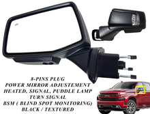 Load image into Gallery viewer, 2019 2020 2021 2022 2023 2024 Chevrolet Silverado Left Driver Front Door Power Side Rear View Mirror Heated Turn Signal Puddle Lamp Power Mirror Adjustment With BSM ( Blind Spot Monitoring ) 8-Pins Plug Black Textured