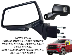 2019 2020 2021 2022 2023 2024 Chevrolet Silverado Left Driver Front Door Power Side Rear View Mirror Heated Turn Signal Puddle Lamp Power Mirror Adjustment With BSM ( Blind Spot Monitoring ) 8-Pins Plug Black Textured