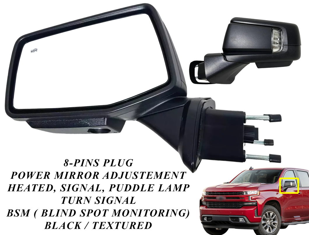 2019 2020 2021 2022 2023 2024 Chevrolet Silverado Left Driver Front Door Power Side Rear View Mirror Heated Turn Signal Puddle Lamp Power Mirror Adjustment With BSM ( Blind Spot Monitoring ) 8-Pins Plug Black Textured