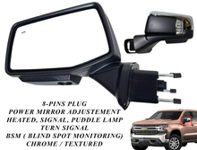 Load image into Gallery viewer, 2019 2020 2021 2022 2023 2024 Chevrolet Silverado Left Driver Front Door Power Side Rear View Mirror Heated Turn Signal Puddle Lamp Power Mirror Adjustment With BSM ( Blind Spot Monitoring ) 8-Pins Plug Chrome Textured