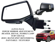 2019 2020 2021 2022 2023 2024 Chevrolet Silverado Left Driver Front Door Power Side Rear View Mirror Heated Turn Signal Puddle Lamp Power Mirror Adjustment With BSM ( Blind Spot Monitoring ) 8-Pins Plug Paintable Textured