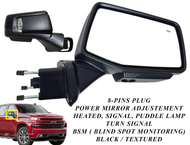2019 2020 2021 2022 2023 2024 Chevrolet Silverado Right Passenger Front Door Power Side Rear View Mirror Heated Turn Signal Puddle Lamp Power Mirror Adjustment With BSM ( Blind Spot Monitoring ) 10-Pins Plug Black Textured