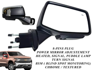 2019 2020 2021 2022 2023 2024 Chevrolet Silverado Right Passenger Front Door Power Side Rear View Mirror Heated Turn Signal Puddle Lamp Power Mirror Adjustment With BSM ( Blind Spot Monitoring ) 10-Pins Plug Chrome Textured