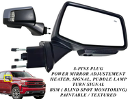 2019 2020 2021 2022 2023 2024 Chevrolet Silverado Right Passenger Front Door Power Side Rear View Mirror Heated Turn Signal Puddle Lamp Power Mirror Adjustment With BSM ( Blind Spot Monitoring ) 10-Pins Plug Paintable Textured