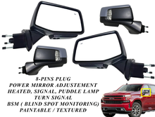 Load image into Gallery viewer, 2019 2020 2021 2022 2023 2024 Chevrolet Silverado Front Door Power Side Rear View Mirror Heated Turn Signal Puddle Lamp Power Mirror Adjustment With BSM ( Blind Spot Monitoring ) Paintable Textured Left Driver &amp; Right Passenger Set
