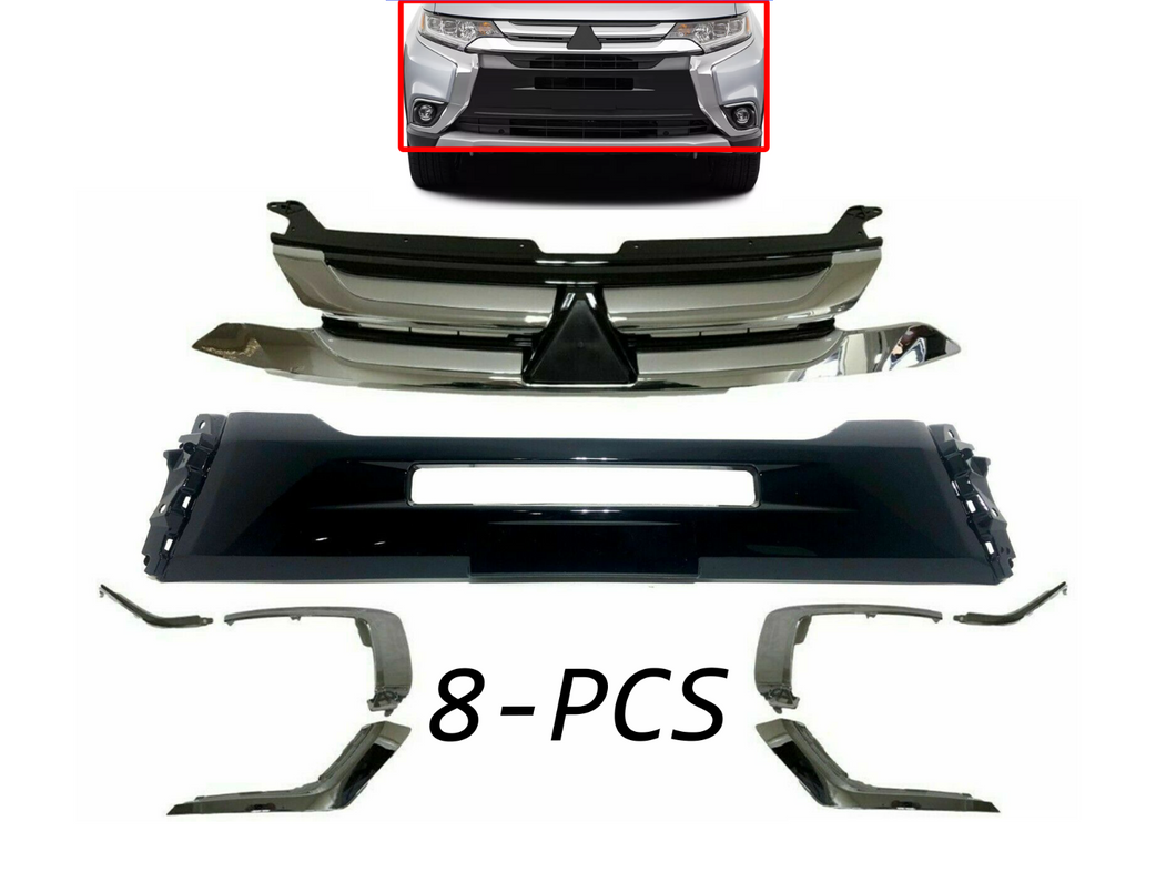 2016 2017 2018 Mitsubishi Outlander Front Grille Center Panel & Chrome Trims 8PCS - Texas-e-parts