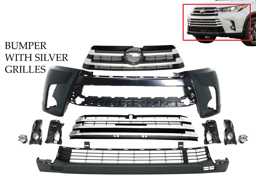 2017 2018 2019 Toyota Highlander Front Bumper Cover With Upper & Lower Grille Silver Complete