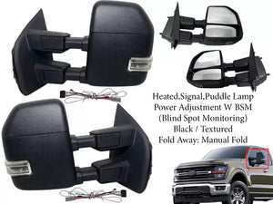 2017 2018 2019 2020 2021 2022 Ford F-250 F-350 Super Duty Left Right Front Door Side Rear View Mirror Heated Signal Puddle Light Power Adjustment With BSM (Blind Spot Monitoring) Black / Textured Driver & Passenger Set