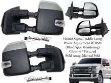 Load image into Gallery viewer, 2017 2018 2019 2020 2021 2022 Ford F-250 F-350 Super Duty Left Right Front Door Side Rear View Mirror Heated Signal Puddle Light Power Adjustment With BSM (Blind Spot Monitoring) Chrome / Textured Driver &amp; Passenger Set