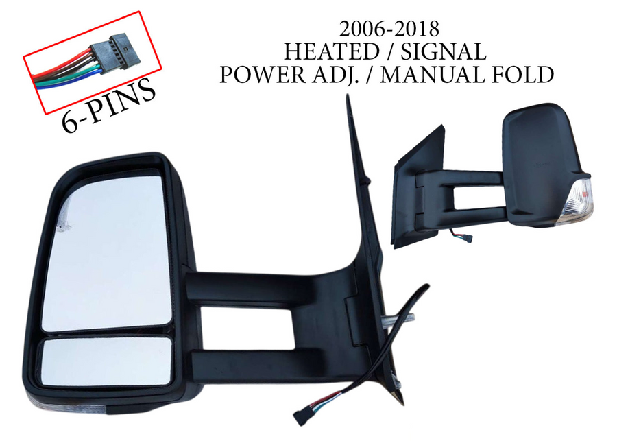 2006-2018 Dodge Mercedes-Benz Freightliner Sprinter 2500 3500 Van Left Front Door Side Rear View Mirror Heated Signal Power Adjustment Manual Fold Curved Long Arm Driver - Texas-e-parts