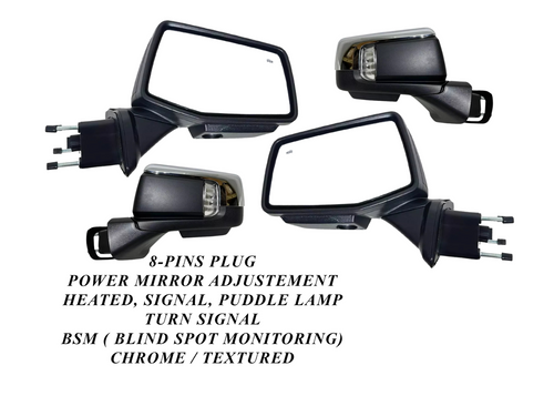 2019-2024 Chevrolet Silverado Front Door Power Side Rear View Mirror Heated Turn Signal Puddle Lamp Power Mirror Adjustment With BSM ( Blind Spot Monitoring ) Chrome Textured Left Driver & Right Passenger Set - Texas-e-parts
