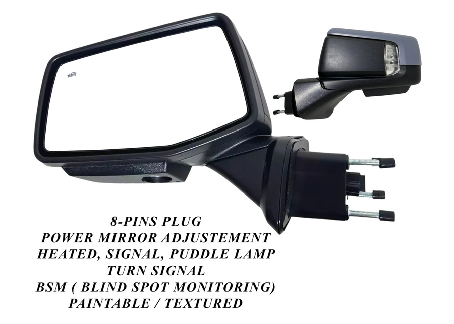 2019-2024 Chevrolet Silverado Left Driver Front Door Power Side Rear View Mirror Heated Turn Signal Puddle Lamp Power Mirror Adjustment With BSM ( Blind Spot Monitoring ) 8-Pins Plug Paintable Textured - Texas-e-parts
