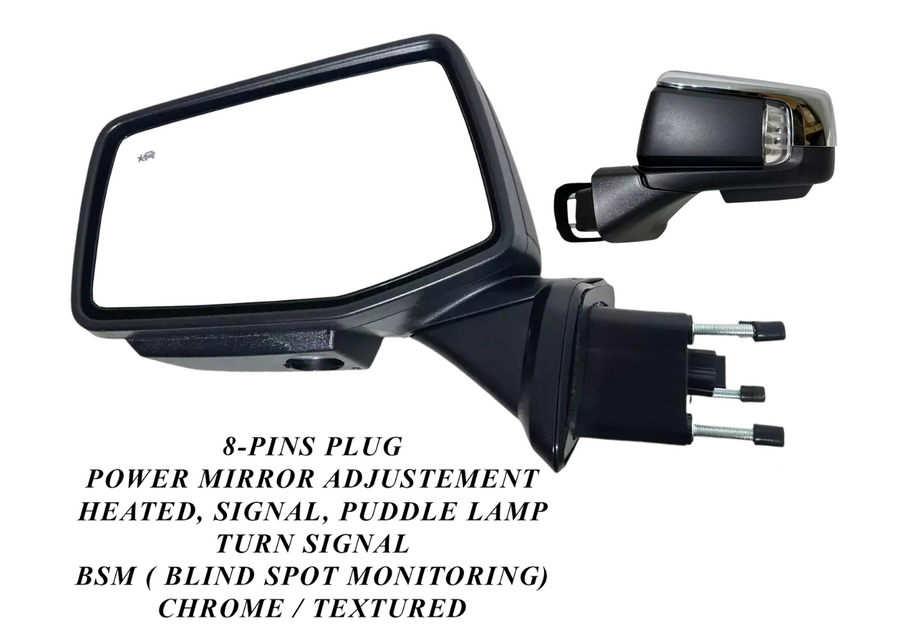 2019-2024 Chevrolet Silverado Left Driver Front Door Power Side Rear View Mirror Heated Turn Signal Puddle Lamp Power Mirror Adjustment With BSM ( Blind Spot Monitoring ) 8-Pins Plug Chrome Textured - Texas-e-parts