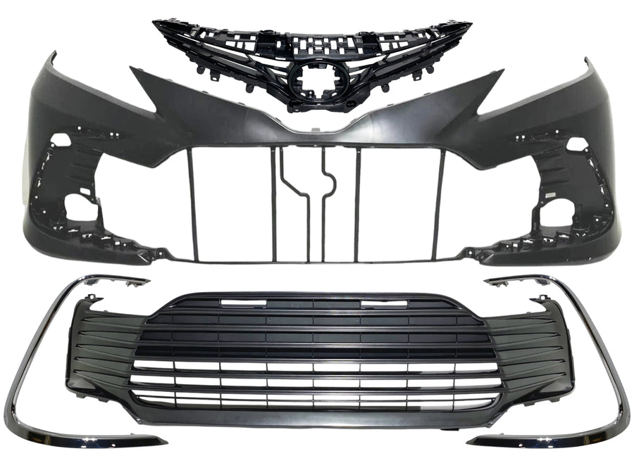 2021-2023 Toyota Camry L LE XLE Front Bumper Cover With Upper Lower Grille & Left Right Side Chrome Trim Molding - Texas-e-parts