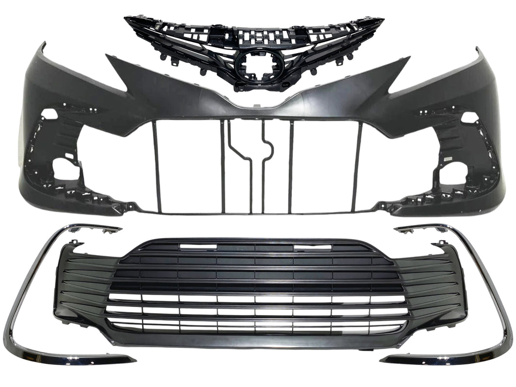 2021 2022 2023 Toyota Camry L LE XLE Front Bumper Cover With Upper Lower Grille & Left Right Side Chrome Trim Molding