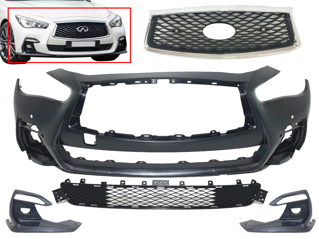 2018 2019 2020 2021 2022 2023 2024 Infiniti Q50 Q50s Sports Front Bumper Fog Light Covers Grille Complete With Holes - Texas-e-parts